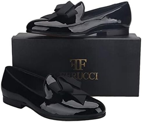 FERUCCI Men Plain Black Patent Leather with Black Ribbon Bow Slippers Loafers Prom Wedding in Kuwait