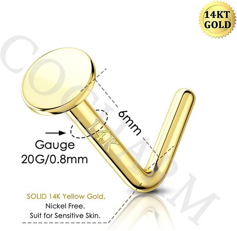COCHARM 14k Solid Gold Nose Ring Hypoallergenic 14k Gold Nose Stud 20 Gauge L Shaped Nose Piercing Jewelry for Women Men in Kuwait