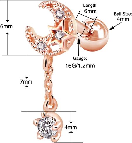 OUFER 16G Stainless Steel Cartilage Earring Moon with CZ Dangle Tragus Earrings Cartilage Earring Stud in Kuwait