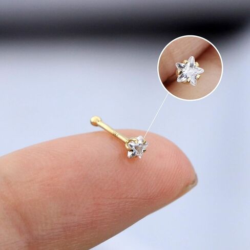 COCHARM 14k Real Gold Nose Stud Nose Rings 20g Yellow Gold Nose Stud Heart Star Cubic Zirconia 20 Gauge Hypoallergenic Nose Piercing for Women in Saudi Arabia