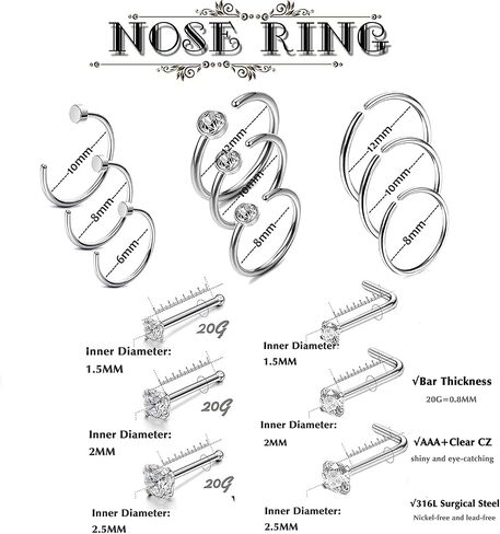 Jstyle 20G 15Pcs Stainless Steel Nose Rings Studs for Women Men Hoop Piercing Body Jewelry in Saudi Arabia