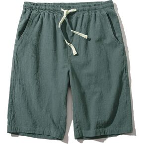 Men's Linen Casual Classic Fit 11 Inch Inseam Elastic Waist Shorts with Drawstring