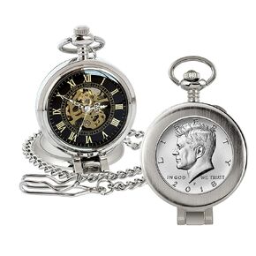 Coin Pocket Watch with Skeleton Movement | JFK Half Dollar | Genuine U.S. Coin | Sweeping Second Hand, Magnifying Glass | Silvertone Case | Certificate of Authenticity in Saudi Arabia