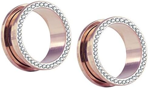 Forbidden Body Jewelry 0g Plugs, 0g Gauges, Gauges for a Wedding, Plug Gauges, Rhinestone Plugs, Rose Gold IP Surgical Steel Crystal Rimmed Screw Fit Cute Plugs in Saudi Arabia