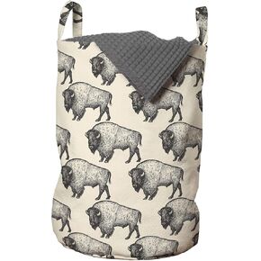 Lunarable Bison Laundry Bag, Repeated Furry American Buffalos Sketch Designed in Vintage Style, Hamper Basket with Handles Drawstring Closure for Laundromats, 13" x 19", Champagne and Charcoal Grey in Saudi Arabia
