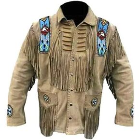 Men’s handmade Native American Buckskin Leather Jacket With Fringes Eagle Brown Mountain in Saudi Arabia