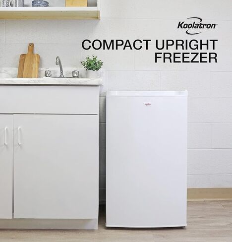 Koolatron Compact Upright Freezer, 3.1 cu ft (88L), White, Energy-Efficient Manual Defrost Design, Space-Saving Flat Back, Reversible Door, 3 Pull-Out Basket Shelves, for Apartment, Condo, Cottage in Kuwait