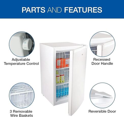 Koolatron Compact Upright Freezer, 3.1 cu ft (88L), White, Energy-Efficient Manual Defrost Design, Space-Saving Flat Back, Reversible Door, 3 Pull-Out Basket Shelves, for Apartment, Condo, Cottage in Kuwait