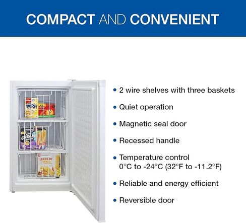Koolatron Compact Upright Freezer, 3.1 cu ft (88L), White, Energy-Efficient Manual Defrost Design, Space-Saving Flat Back, Reversible Door, 3 Pull-Out Basket Shelves, for Apartment, Condo, Cottage in Kuwait