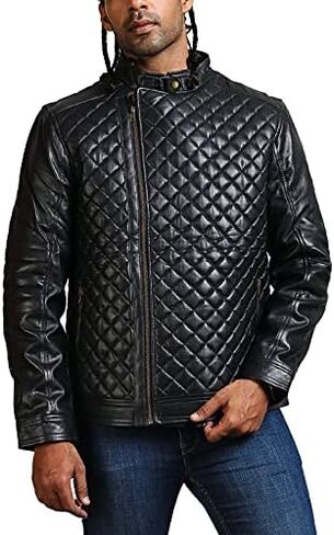 Diamond Quilted Black Men's Fashion Lamb Leather Jacket in Saudi Arabia