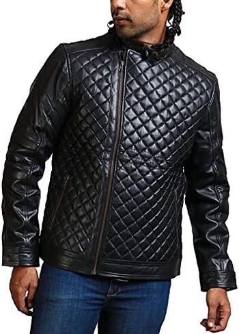 Diamond Quilted Black Men's Fashion Lamb Leather Jacket in Saudi Arabia