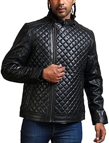 Diamond Quilted Black Men's Fashion Lamb Leather Jacket in Saudi Arabia