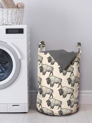 Lunarable Bison Laundry Bag, Repeated Furry American Buffalos Sketch Designed in Vintage Style, Hamper Basket with Handles Drawstring Closure for Laundromats, 13" x 19", Champagne and Charcoal Grey in Saudi Arabia