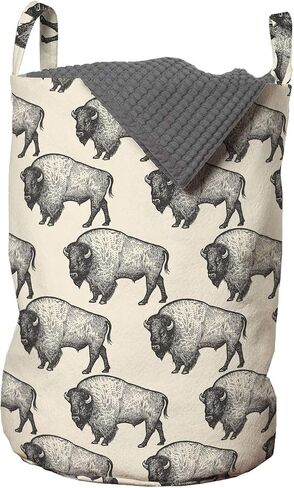 Lunarable Bison Laundry Bag, Repeated Furry American Buffalos Sketch Designed in Vintage Style, Hamper Basket with Handles Drawstring Closure for Laundromats, 13" x 19", Champagne and Charcoal Grey in Saudi Arabia
