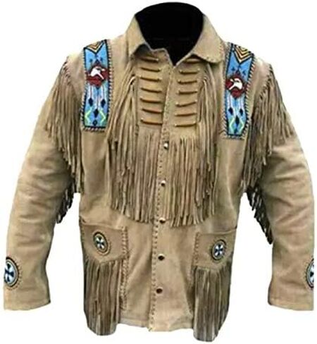 Men’s handmade Native American Buckskin Leather Jacket With Fringes Eagle Brown Mountain in Saudi Arabia