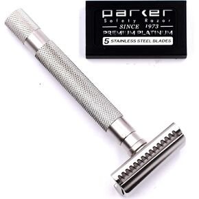 Parker THE SEMI SLANT, Double Edge Safety Razor and 5 Parker Blade Refills - Electroplated Graphite Gray Solid Brass Handle - Delivers a Barbershop Shave at Home