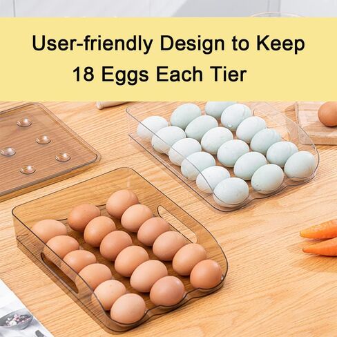 Hikinlichi Auto Rolling Egg Holder 3 Layer Egg Fresh Storage Container for Refrigerator Egg Tray Dispenser Organizer Clear Plastic Egg Storage Box Large Capacity Fridge Egg Case Bin w Lid in Saudi Arabia