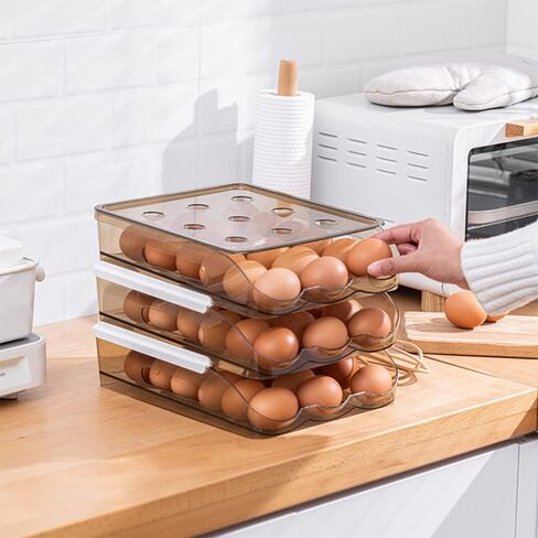 Hikinlichi Auto Rolling Egg Holder 3 Layer Egg Fresh Storage Container for Refrigerator Egg Tray Dispenser Organizer Clear Plastic Egg Storage Box Large Capacity Fridge Egg Case Bin w Lid in Saudi Arabia