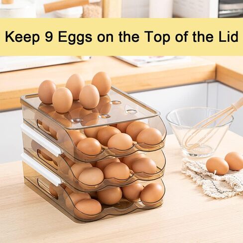 Hikinlichi Auto Rolling Egg Holder 3 Layer Egg Fresh Storage Container for Refrigerator Egg Tray Dispenser Organizer Clear Plastic Egg Storage Box Large Capacity Fridge Egg Case Bin w Lid in Saudi Arabia
