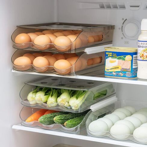 Hikinlichi Auto Rolling Egg Holder 3 Layer Egg Fresh Storage Container for Refrigerator Egg Tray Dispenser Organizer Clear Plastic Egg Storage Box Large Capacity Fridge Egg Case Bin w Lid in Saudi Arabia