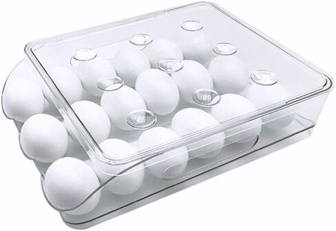 Hikinlichi Auto Rolling Egg Holder 3 Layer Egg Fresh Storage Container for Refrigerator Egg Tray Dispenser Organizer Clear Plastic Egg Storage Box Large Capacity Fridge Egg Case Bin w Lid in Saudi Arabia
