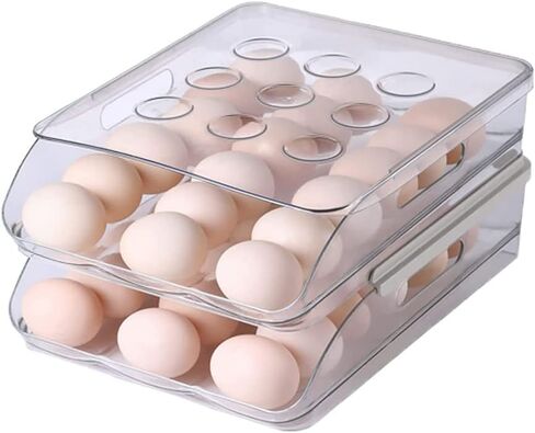 Hikinlichi Auto Rolling Egg Holder 3 Layer Egg Fresh Storage Container for Refrigerator Egg Tray Dispenser Organizer Clear Plastic Egg Storage Box Large Capacity Fridge Egg Case Bin w Lid in Saudi Arabia