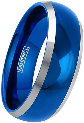 Beautiful Brilliant 6mm/8mm Royal Blue Tungsten Carbide Low Dome Band Style Ring w/ Silver Edges and Comfort Fit Inner Band. in Kuwait