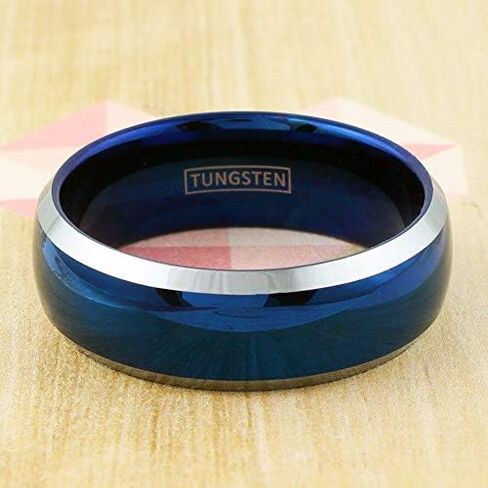 Beautiful Brilliant 6mm/8mm Royal Blue Tungsten Carbide Low Dome Band Style Ring w/ Silver Edges and Comfort Fit Inner Band. in Kuwait