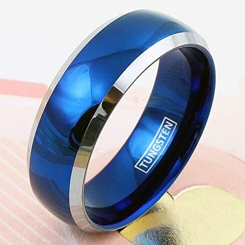 Beautiful Brilliant 6mm/8mm Royal Blue Tungsten Carbide Low Dome Band Style Ring w/ Silver Edges and Comfort Fit Inner Band. in Kuwait