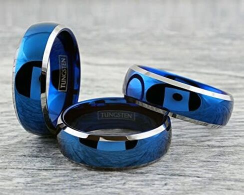 Beautiful Brilliant 6mm/8mm Royal Blue Tungsten Carbide Low Dome Band Style Ring w/ Silver Edges and Comfort Fit Inner Band. in Kuwait