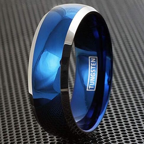 Beautiful Brilliant 6mm/8mm Royal Blue Tungsten Carbide Low Dome Band Style Ring w/ Silver Edges and Comfort Fit Inner Band. in Kuwait