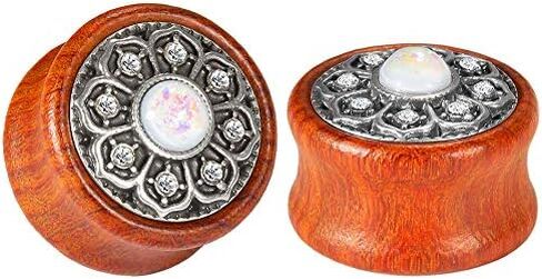 KUBOOZ(1 Pair Vintage Wood Opal Center Flower Ear Plugs Tunnels Gauges Stretcher Piercings in Kuwait