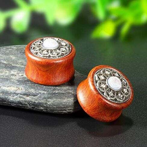 KUBOOZ(1 Pair Vintage Wood Opal Center Flower Ear Plugs Tunnels Gauges Stretcher Piercings in Kuwait