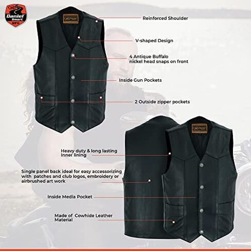 Daniel Smart Men’s leather Vest - Premium Cowhide Motorcycle Leather Vest with Unique V-Shaped Design and Armory Pockets in Kuwait