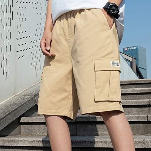 LTIFONE Mens Cargo Shorts Casual Drawstring Elastic Pants Premium Waist Relaxed Summer Outdoor Shorts with Pockets Khaki in Kuwait