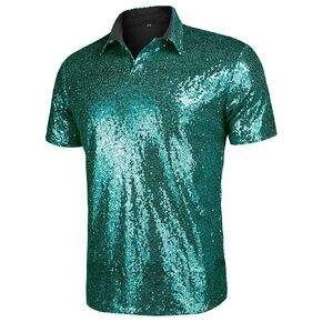 AstoSeu Mens 70s Disco Shiny Sequins Short Sleeve Turndown Sparkle Nightclub Party Polo T-Shirt Tops S-XXXL