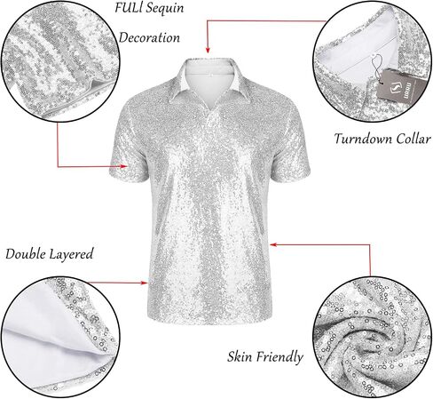 AstoSeu Mens 70s Disco Shiny Sequins Short Sleeve Turndown Sparkle Nightclub Party Polo T-Shirt Tops S-XXXL in Kuwait
