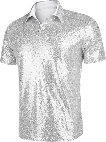 AstoSeu Mens 70s Disco Shiny Sequins Short Sleeve Turndown Sparkle Nightclub Party Polo T-Shirt Tops S-XXXL in Kuwait