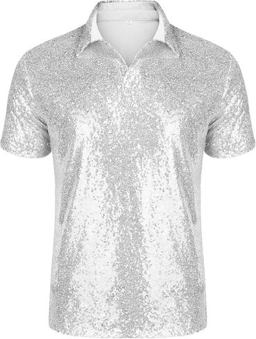 AstoSeu Mens 70s Disco Shiny Sequins Short Sleeve Turndown Sparkle Nightclub Party Polo T-Shirt Tops S-XXXL in Kuwait