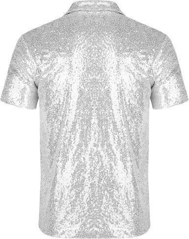 AstoSeu Mens 70s Disco Shiny Sequins Short Sleeve Turndown Sparkle Nightclub Party Polo T-Shirt Tops S-XXXL in Kuwait