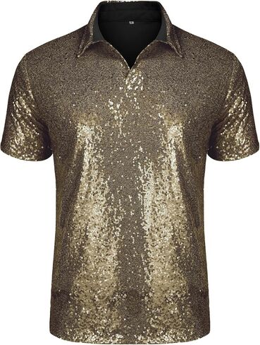 AstoSeu Mens 70s Disco Shiny Sequins Short Sleeve Turndown Sparkle Nightclub Party Polo T-Shirt Tops S-XXXL in Kuwait