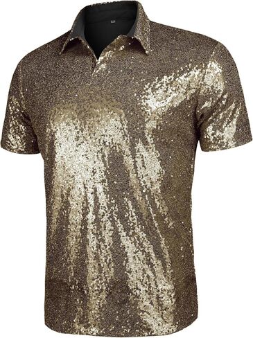 AstoSeu Mens 70s Disco Shiny Sequins Short Sleeve Turndown Sparkle Nightclub Party Polo T-Shirt Tops S-XXXL in Kuwait