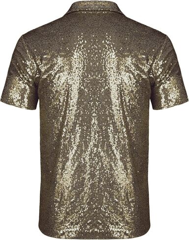 AstoSeu Mens 70s Disco Shiny Sequins Short Sleeve Turndown Sparkle Nightclub Party Polo T-Shirt Tops S-XXXL in Kuwait