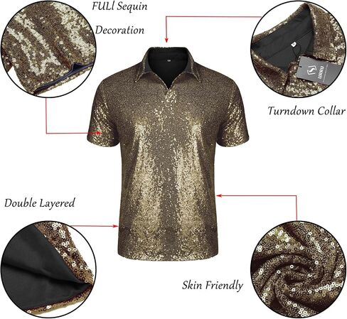 AstoSeu Mens 70s Disco Shiny Sequins Short Sleeve Turndown Sparkle Nightclub Party Polo T-Shirt Tops S-XXXL in Kuwait