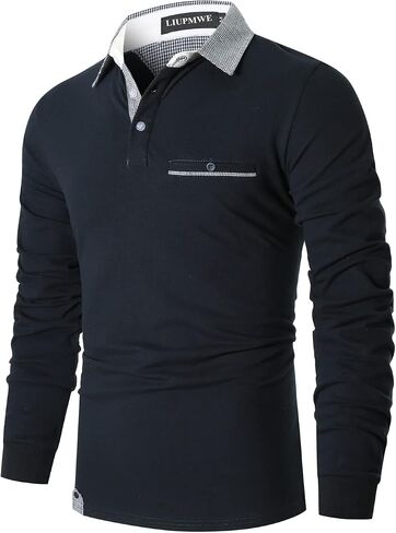 LIUPMWE Men's Long Sleeve Polos Slim Fit Classic Plaid Collar Cotton Golf T-Shirts Casual Polo Shirts in Saudi Arabia