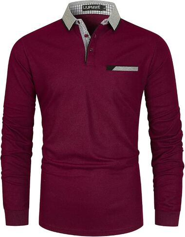 LIUPMWE Men's Long Sleeve Polos Slim Fit Classic Plaid Collar Cotton Golf T-Shirts Casual Polo Shirts in Saudi Arabia