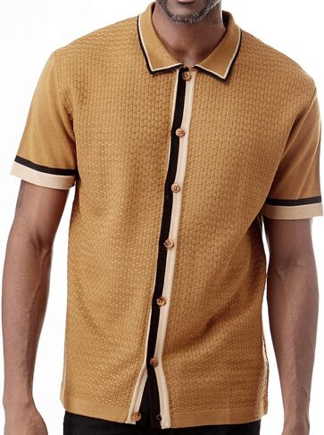 Men’s Short Sleeve Knit Sports Shirt - Modern Polo Vintage Classics: Solid Geometric Jacquard with Color Tipping in Kuwait