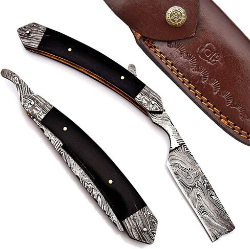 Hand Made Damascus Steel Straight Razor Folding Razor With Shaving Ready Classic Barber Blade Edge, Men Straight Razor, Leather Case + Strop, Close Shave, Great Gift R-32 in Saudi Arabia