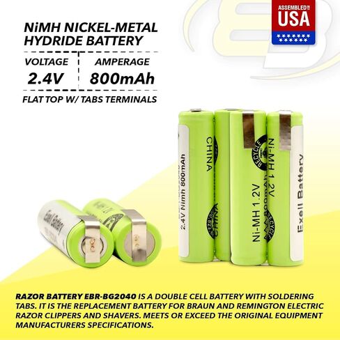 Exell 2.4-Volt Nickel Metal Hydride Razor Battery, EBR-BG2040, 800 mAh, Batteries for Electric Shavers in Kuwait
