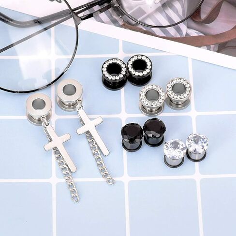 Beautidots 5 Pairs Ear Gauges CZ Diamond Plugs Tunnels Stainless Steel Dangle Cross Earring Expander Stretcher Piercing 2g-5/8 in Saudi Arabia